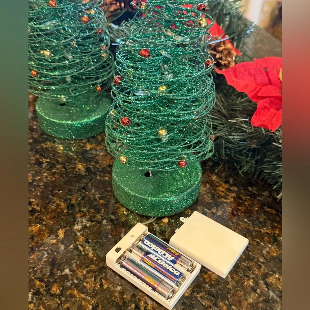 Green Wire Lighted Glittery Christmas Tree Set of 2